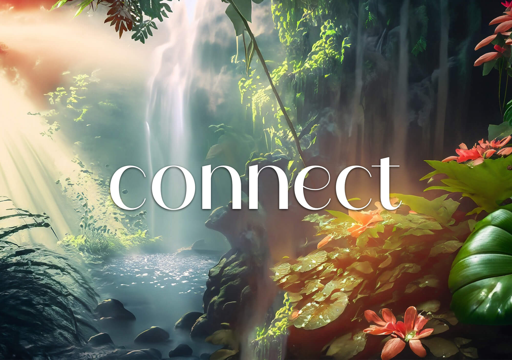 Background image for the connect page, sunlit jungle with a waterfall and sunbeams