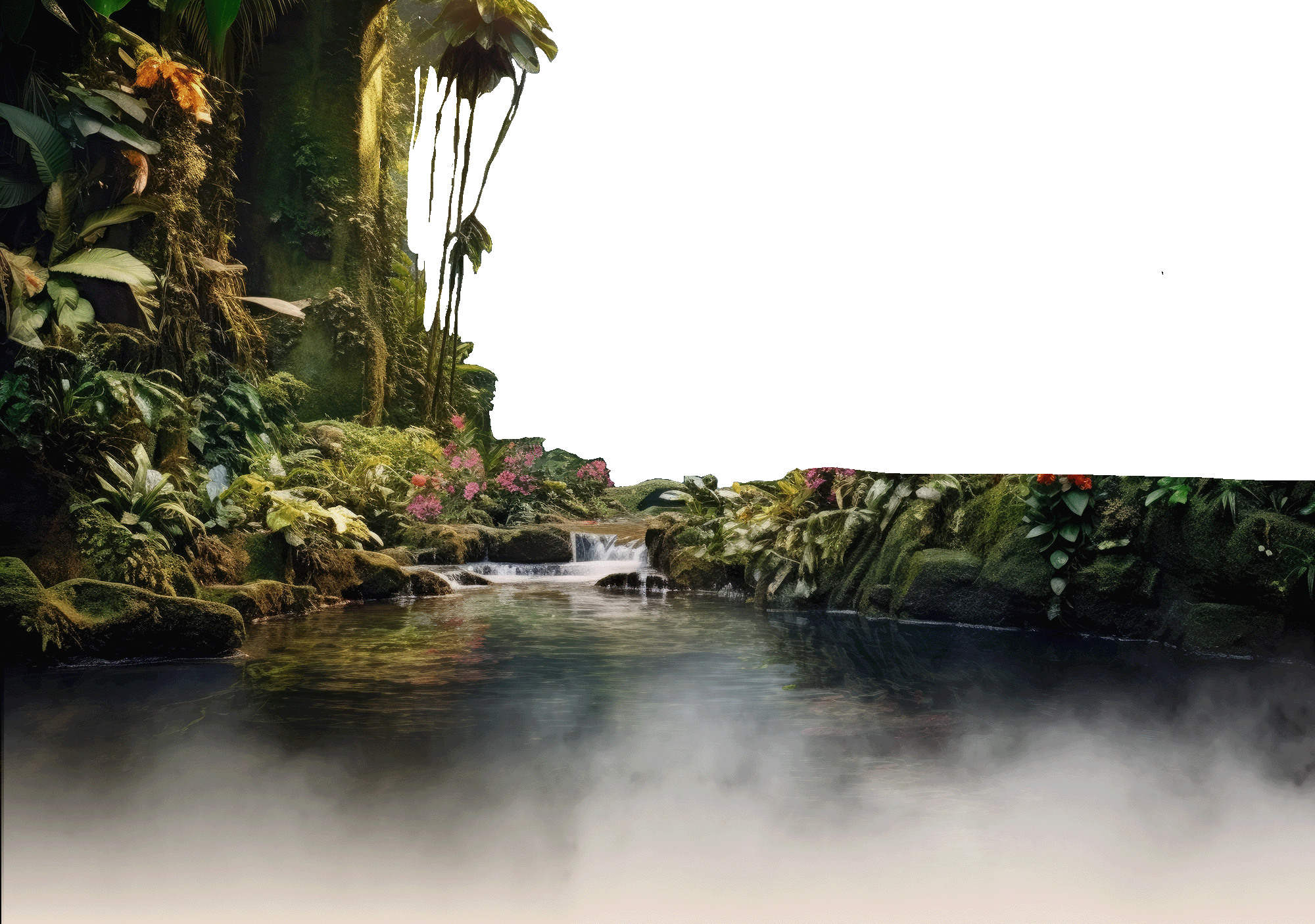 Jungle with dense foilage and flowers and a waterfall