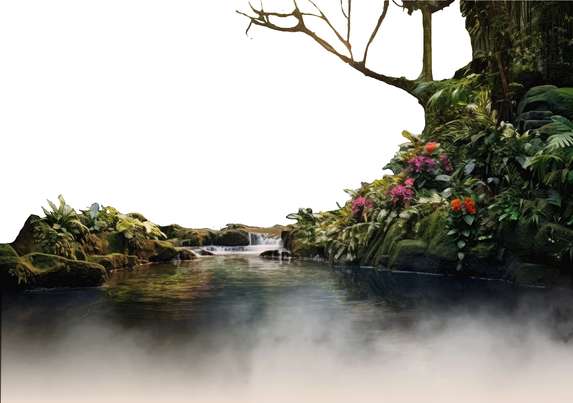 Jungle with dense foilage and flowers and a waterfall